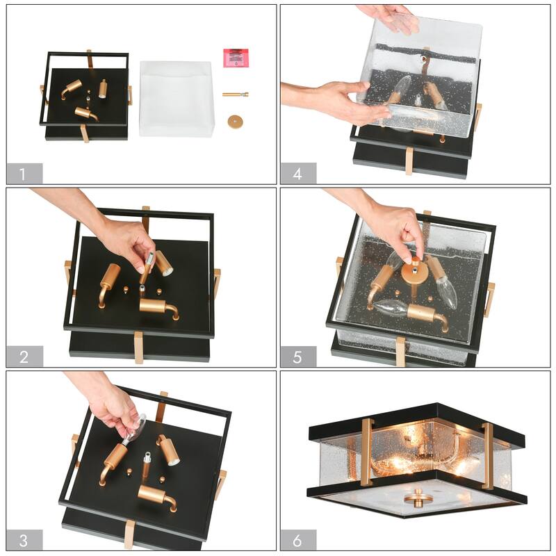 Modern 3-Light Black Gold Square Glass Flush Mount Ceiling Foyer Light - 12" L x 12" W x 5.5" H