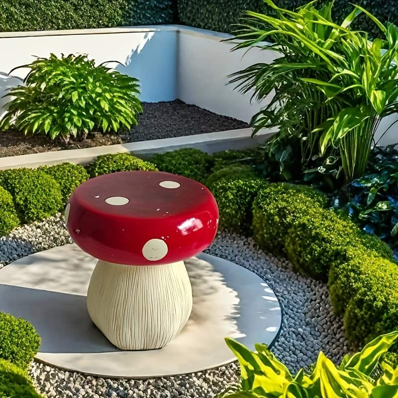 13.8" Oversized Mushroom Statue Stool, Resin Garden Stool with Forest Base, Multi-Purpose Decorative Stool for Courtyard, Lawn