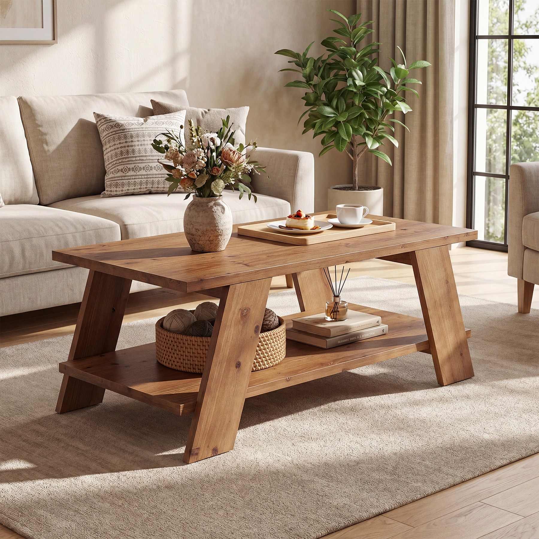 Solid Wood Coffee Table for Living Room, 47 Inch Center Table with Stroage - 47.24" D x 23.62" W x 19.69" H