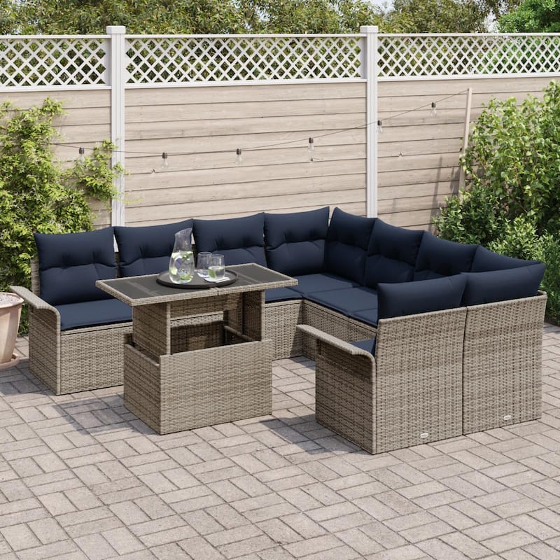 vidaXL 9 Garden Sofa Set with Cushions Black/Brown/Grey Poly Rattan - 95.5 x 92.1 x 27.2