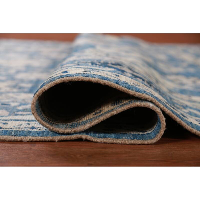 Hand Knotted Oriental 100% Wool Carpet Transitional All-Over Navy Blue & Blues Oushak Area Rug - 9' 4'' X 6' 4''