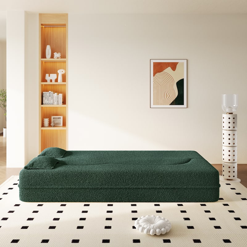 Convertible Floor Sofa with Teddy Fabric, Twin Mattress & No Assembly