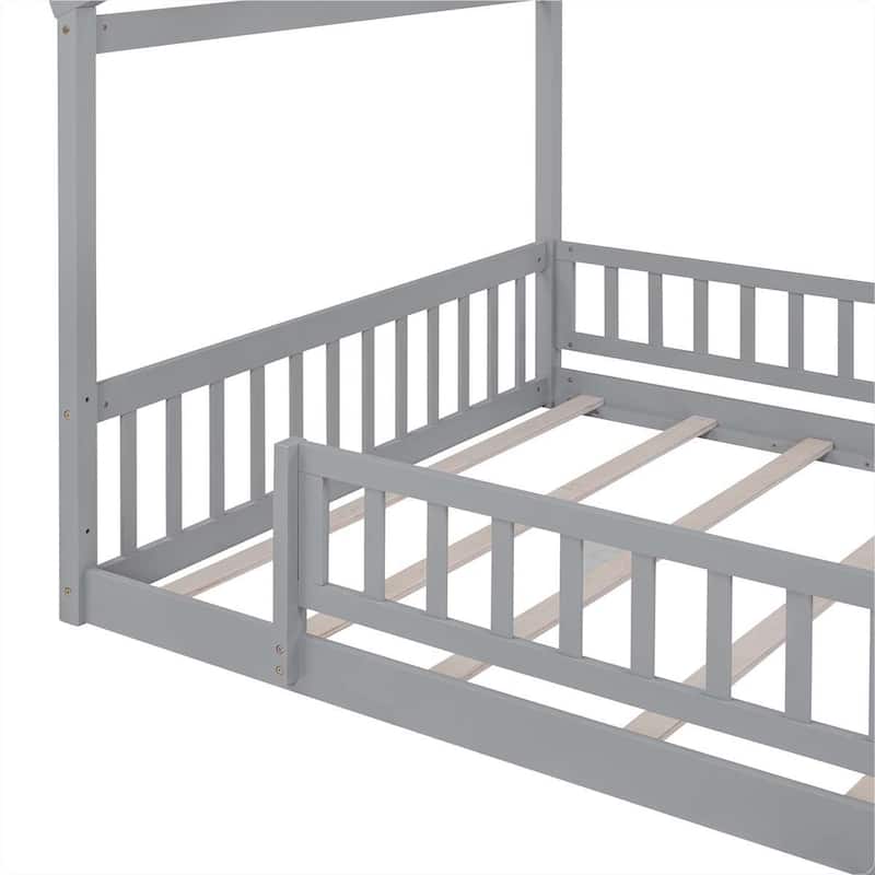 Full Size Wood Bed House Bed Frame with Fence