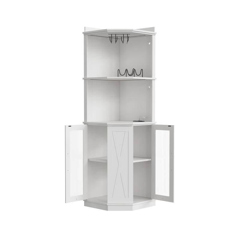 67.3" Corner Kitchen Bar Cabinet Farmhouse Wine Bar Cabinet with Power Outlet, LED Lights, Glass Rack & Adjustable Shelves