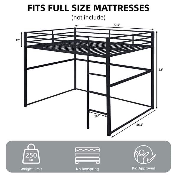 dimension image slide 2 of 3, Metal Loft Bed Full with Guardrails, Flat Ladder, Kids, Teens, Adults