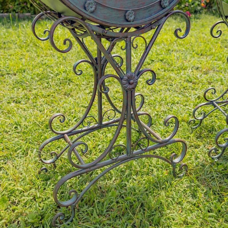 Set of 2 Tall Round Metal Planters with Removable Trays Garden Decor in Verdi Green