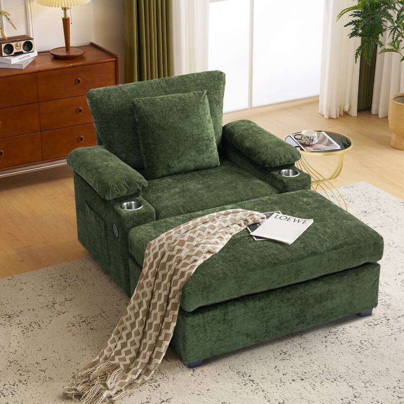 Modern 58" Oversized Chaise Lounger Armchair with Ottoman, Chenille Sleeper Sofa Couch with Charge Station & USB Ports - Green