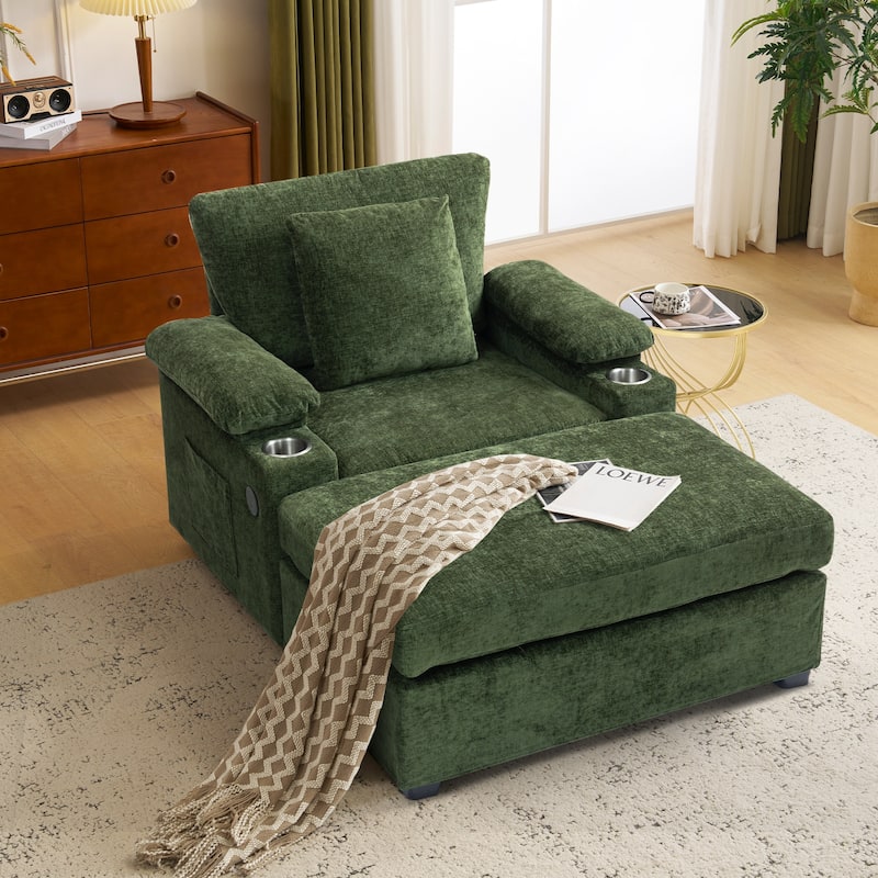Oversized Chenille Sofa Chair with Ottoman Sleeper Sofa with Cupholders/USB Charging Ports - Green