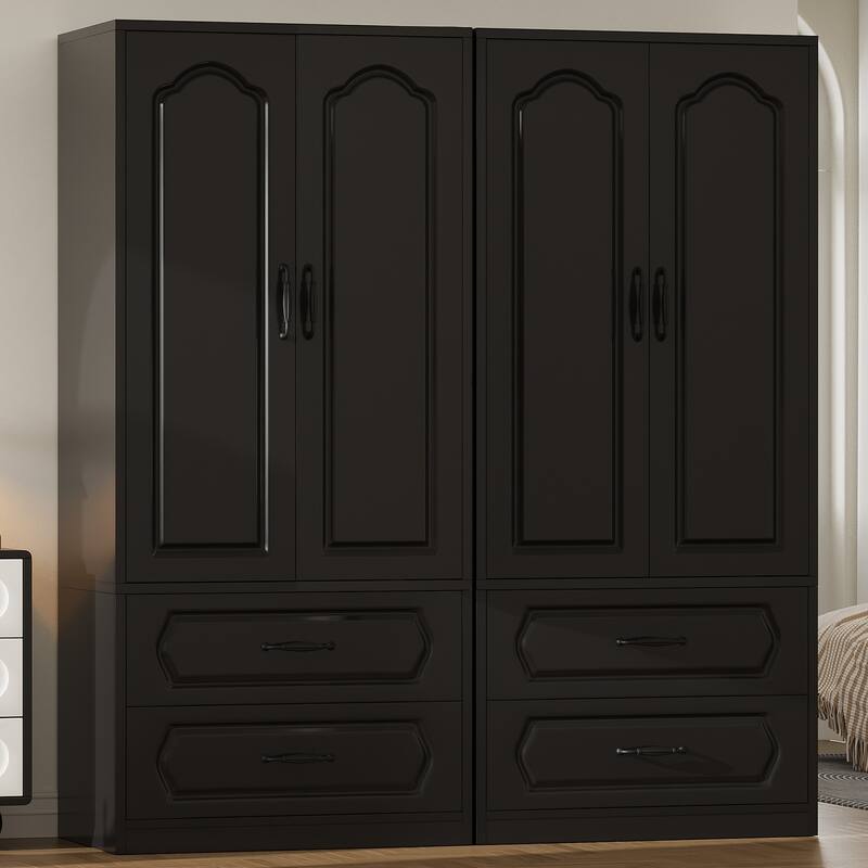 69" Wooden Armoire Wardrobe Closet with Drawers, Modern Bedroom Storage Cabinet with Hanging Rod