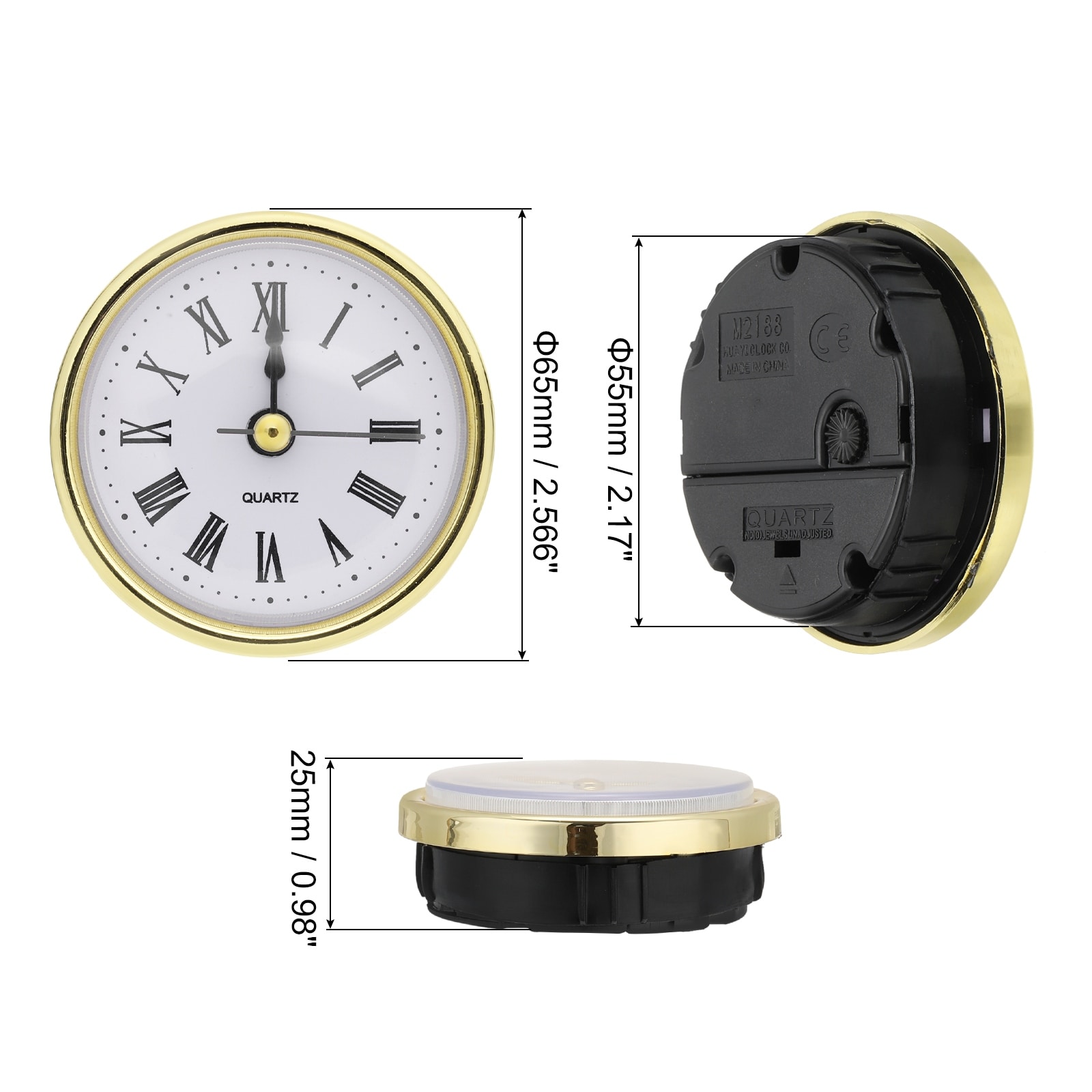 2-1/2 Inch 65mm Quartz Roman Clock Insert, 2Pcs Fit 55mm/2.17 Inch