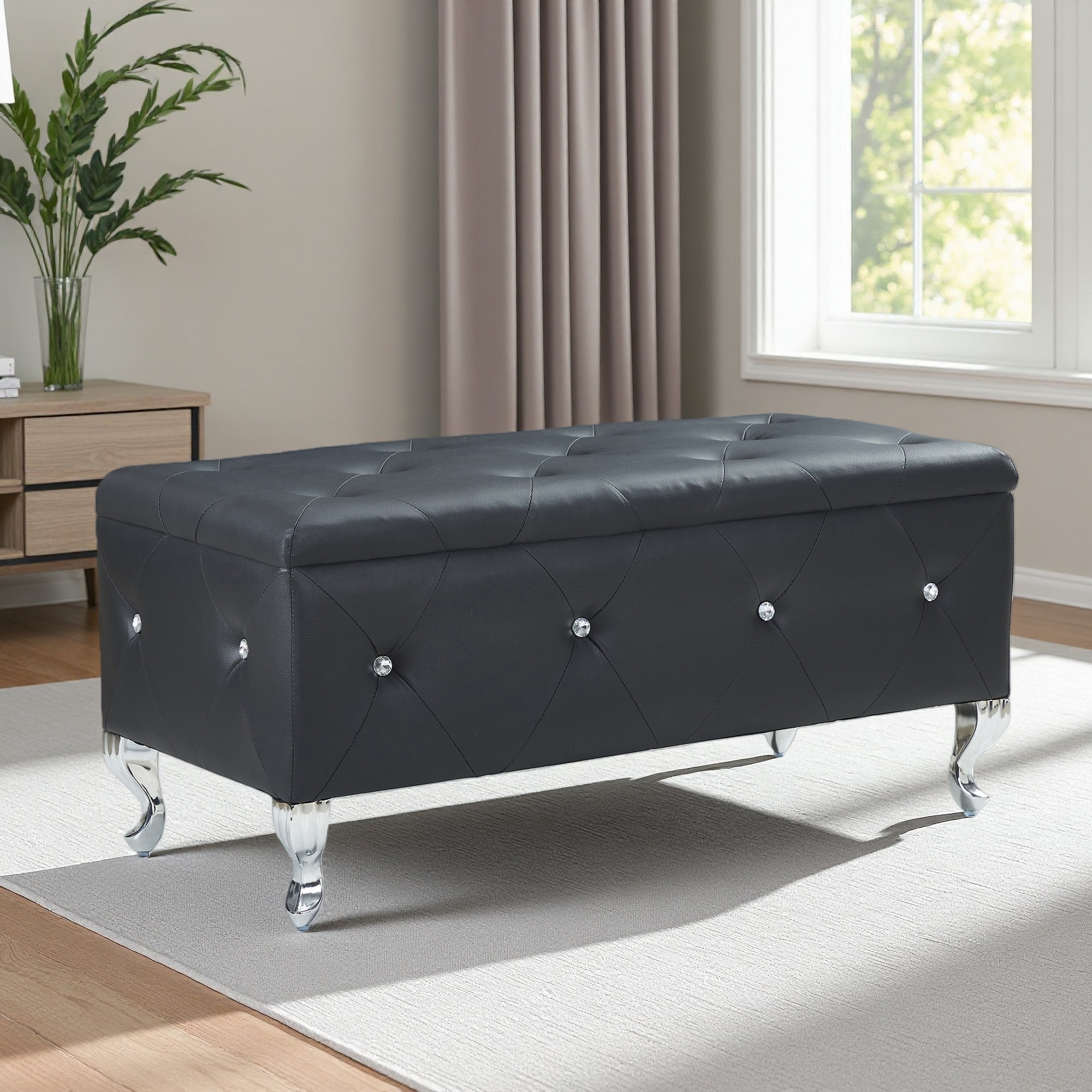 38.5"L Upholstered Storage Ottoman Bench, Faux Leather with Crystal Buttons, Rectangular Footrest for Bedroom, Metal Legs