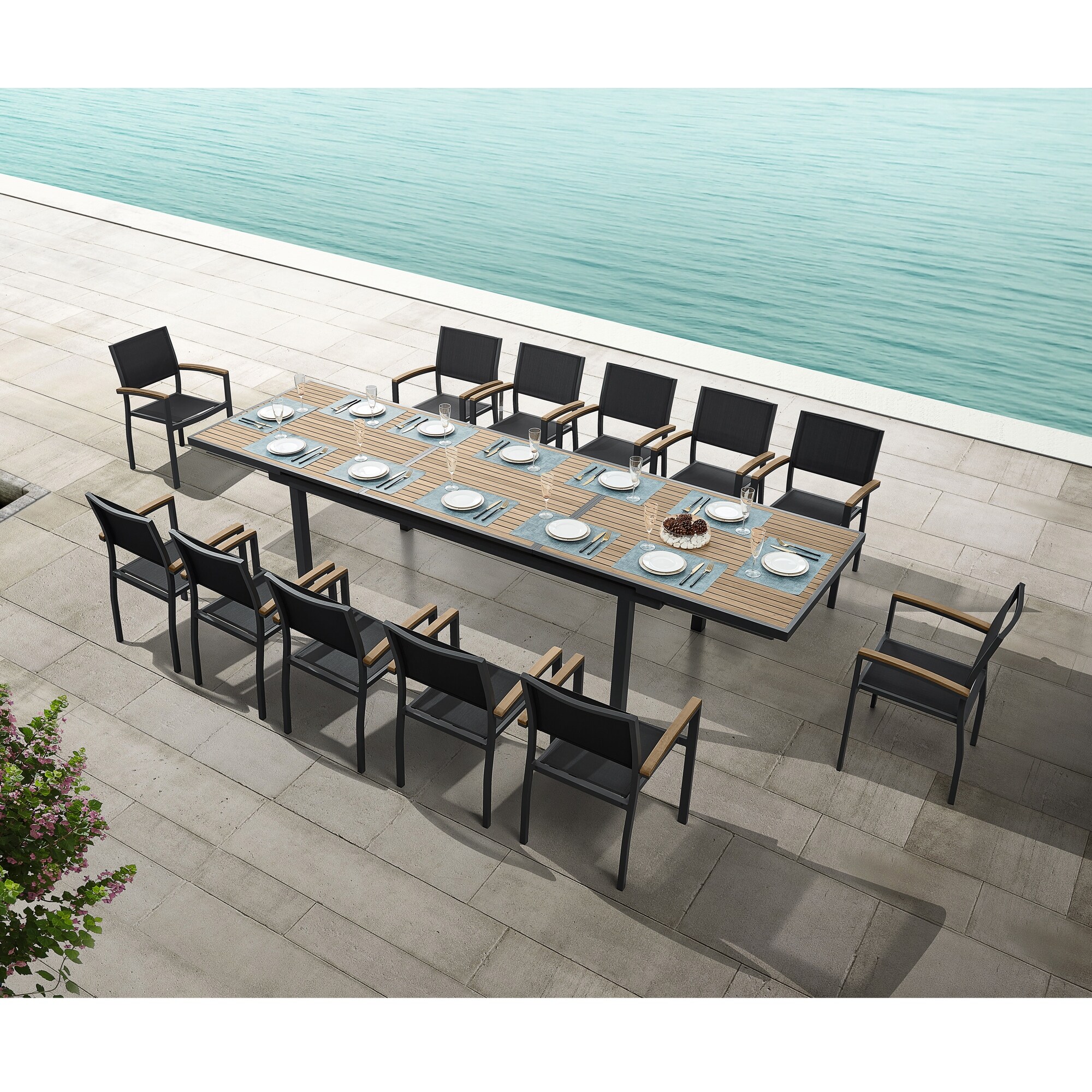 Heck 13 Pieces FSC Teak Aluminum Outdoor Dining Set for 12 Person