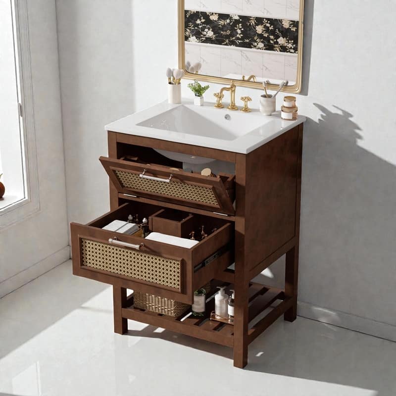 24" Bathroom Vanity with Integrated Ceramic Sink, Cabinet with Deep Drawer & Tip-Out Drawer