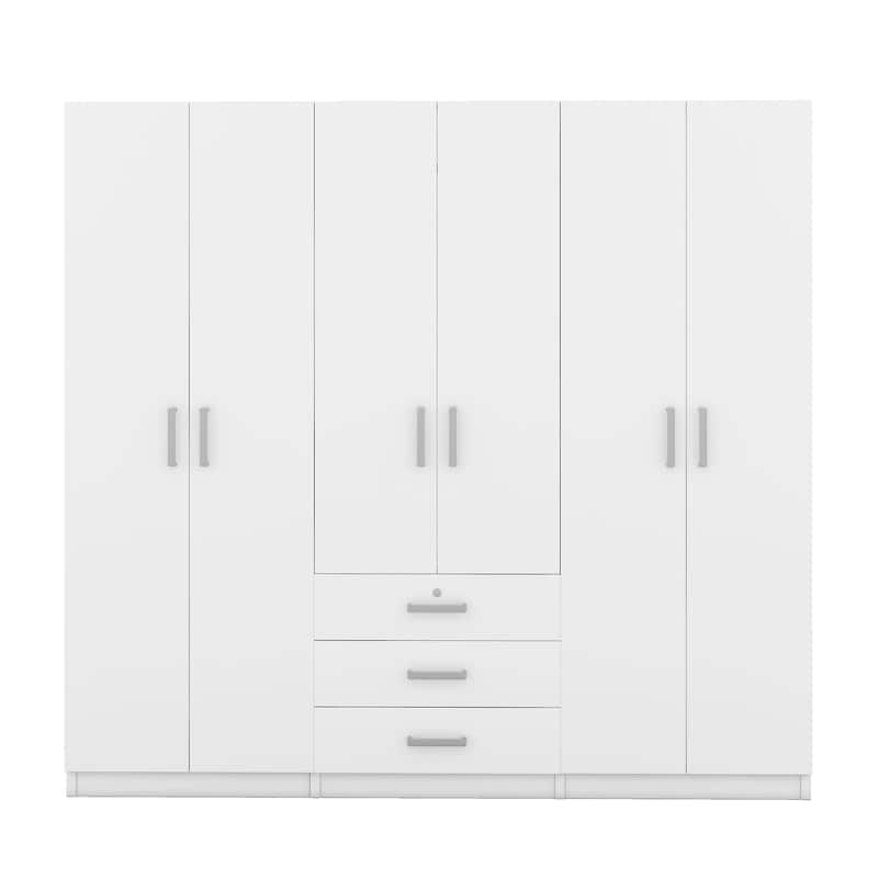 6-Doors Wardrobe with Hanging Clothes Rod, Bedroom Large Armoire Clothes Storage Cabinet with 3 Drawers & Shelves, White