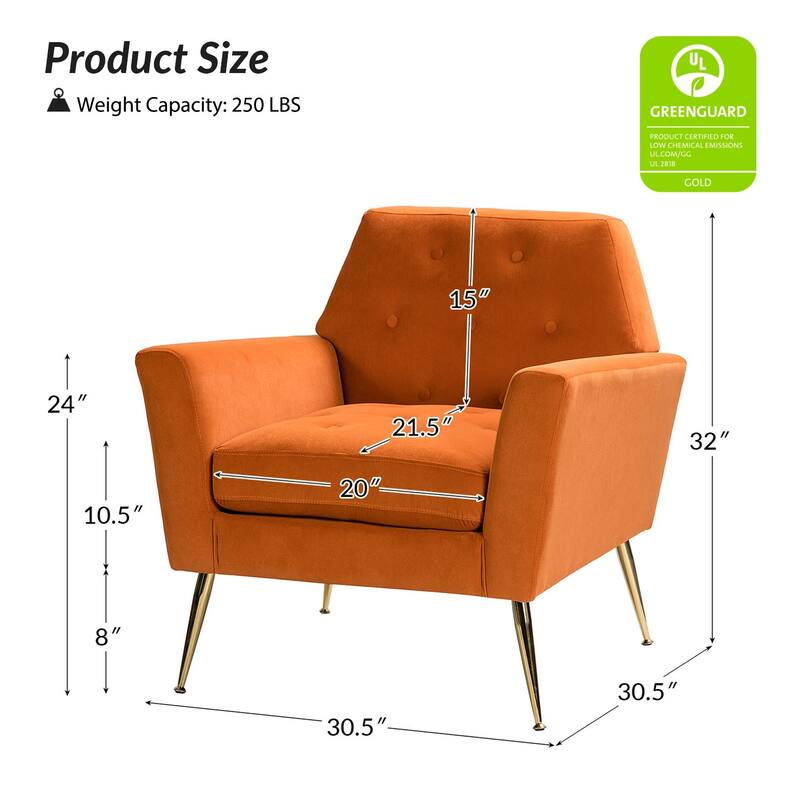 Lilia Contemporary Velvet Upholstered Tufted Back Armchair with Metal Golden legs by HULALA HOME