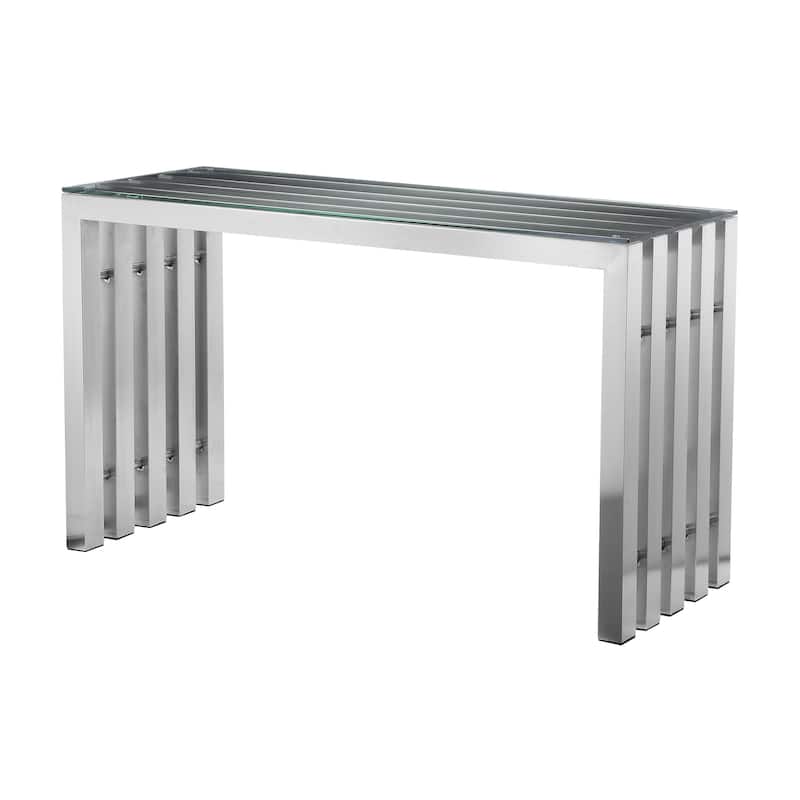 Namo 51 Inch Console Table, Tempered Glass Top, Slatted Silver Metal Frame