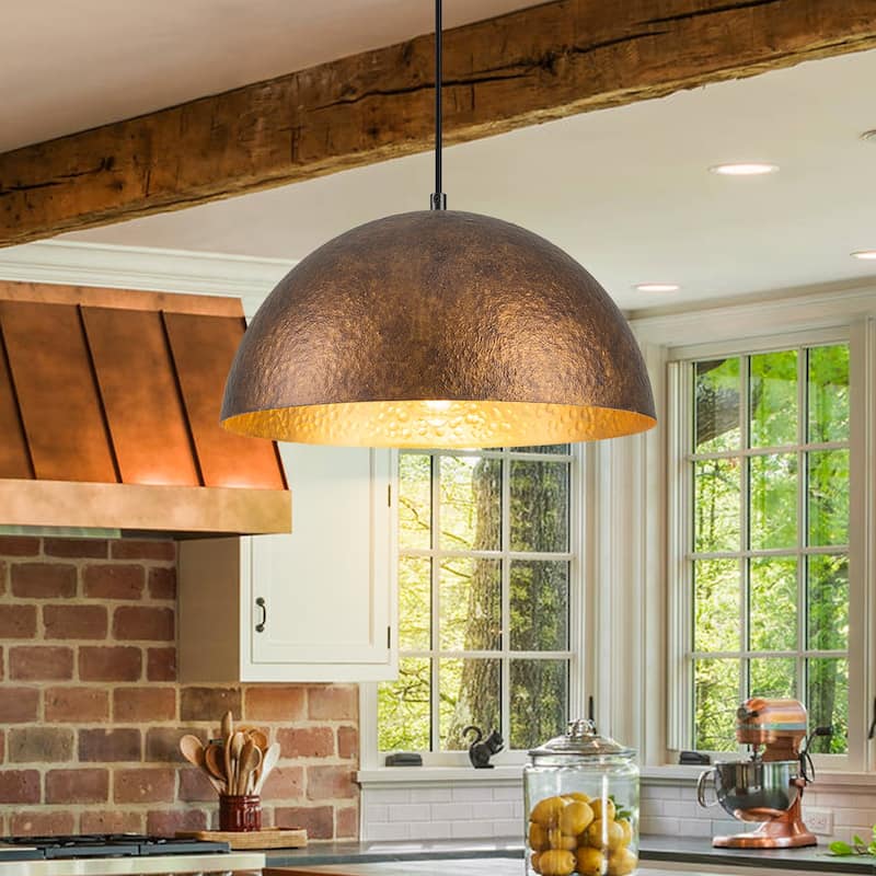 Industiral Hammered Antique Copper Dome Pendant Light - W13.78" - Copper