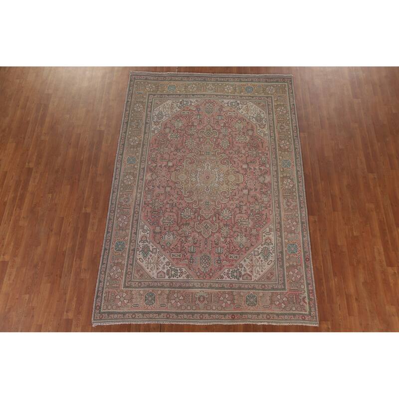 Hand Knotted Oriental 100% Wool Carpet Traditional Medallion Pink Tabriz Area Rug - 9' 4'' X 6' 5''