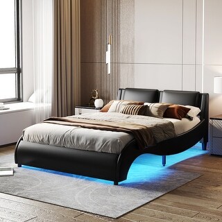 Queen Upholstered Faux Leather Platform Bed with LED Lights Headboard ...