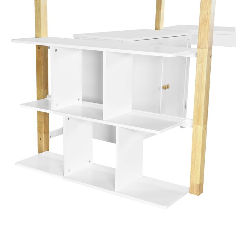 Solid Wood Loft Bed With Built-in Storage Cabinet and Cubes, Foldable desk