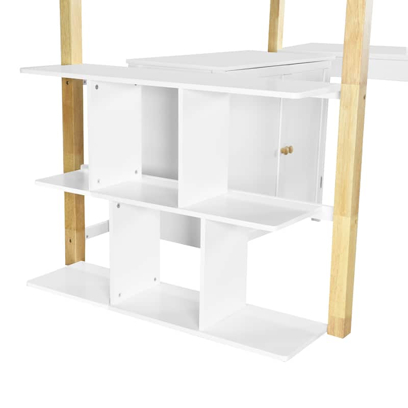 White Twin Size Solid Wood Loft Bed with Built-in Storage and Foldable Desk