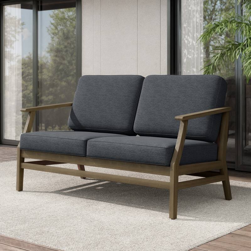 Teak Outdoor Patio Club Chairs Loveseat with Cushions - Natural Wood - Loveseat/Dark Grey