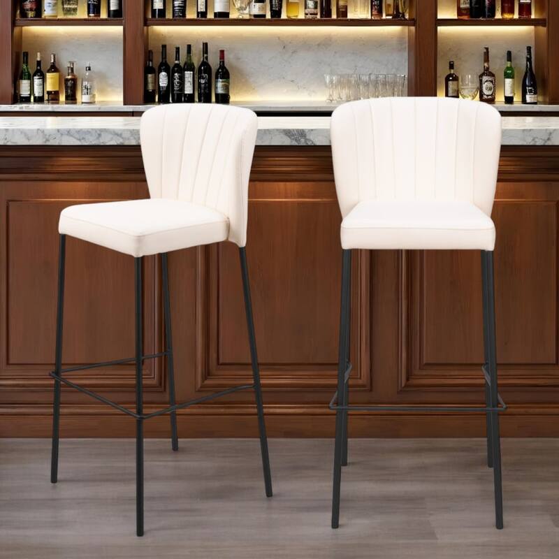 Set of 2 Modern Cream Faux Leather Bar Stools with Full Back and Footrest 29" Bar Height Chairs - 39”H x 18.9”W x 19.7”D