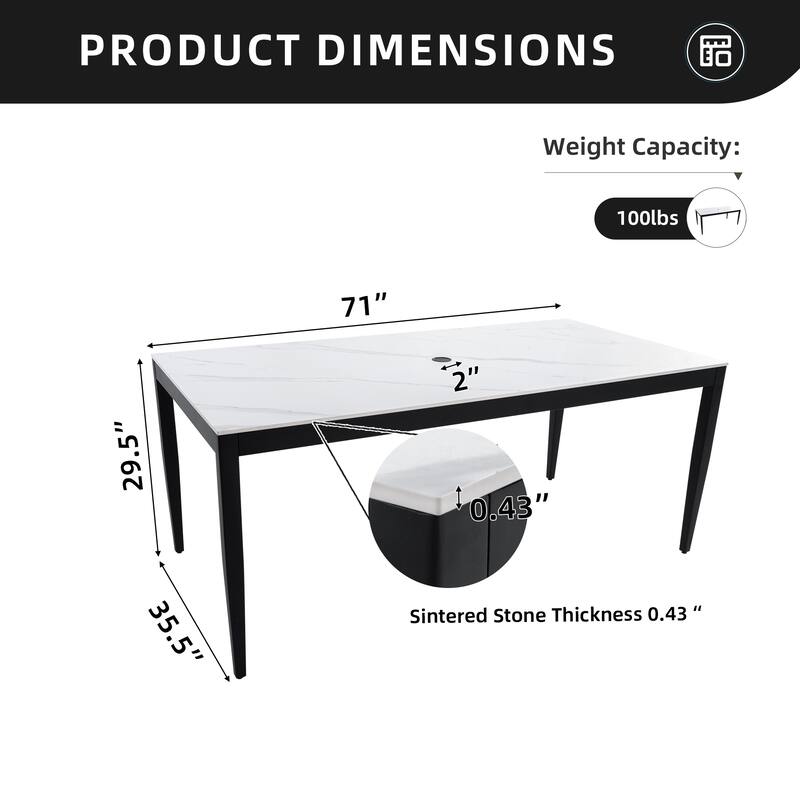 35.5" x 71" Outdoor Aluminum Dining Table with Sintered Stone Top, Tapered Legs – Weatherproof, Seats Six