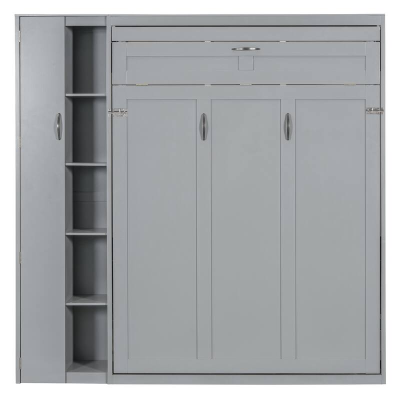 Space-Saving Full Size Wall Bed with Shelves, Wardrobe, and LED Lights, Gray