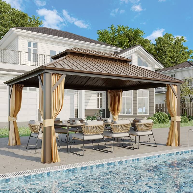12 x 16 Outdoor Gazebo with Aluminum Frame and Double Roof, Permanent Hardtop Gazebo Includes Curtains&Netting - 12'×16' - Brown