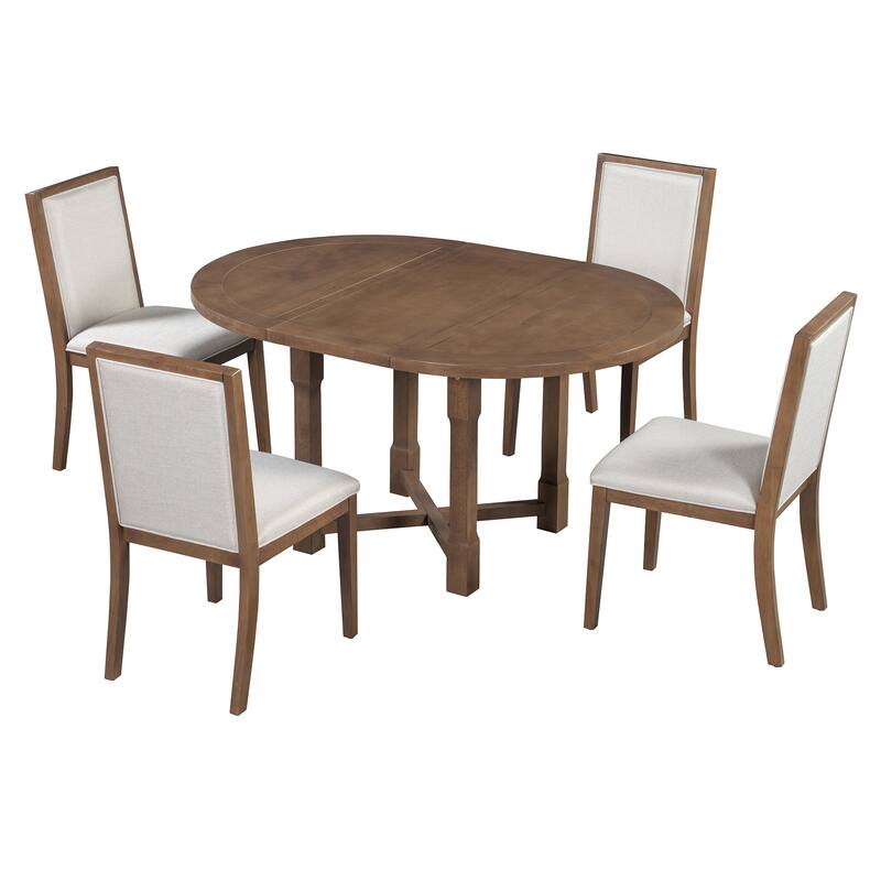 5-Piece Extendable Dining Table Set for 4, Round Dining Table for 4 with Upholstered Chairs, Farmhouse Kitchen Table Set