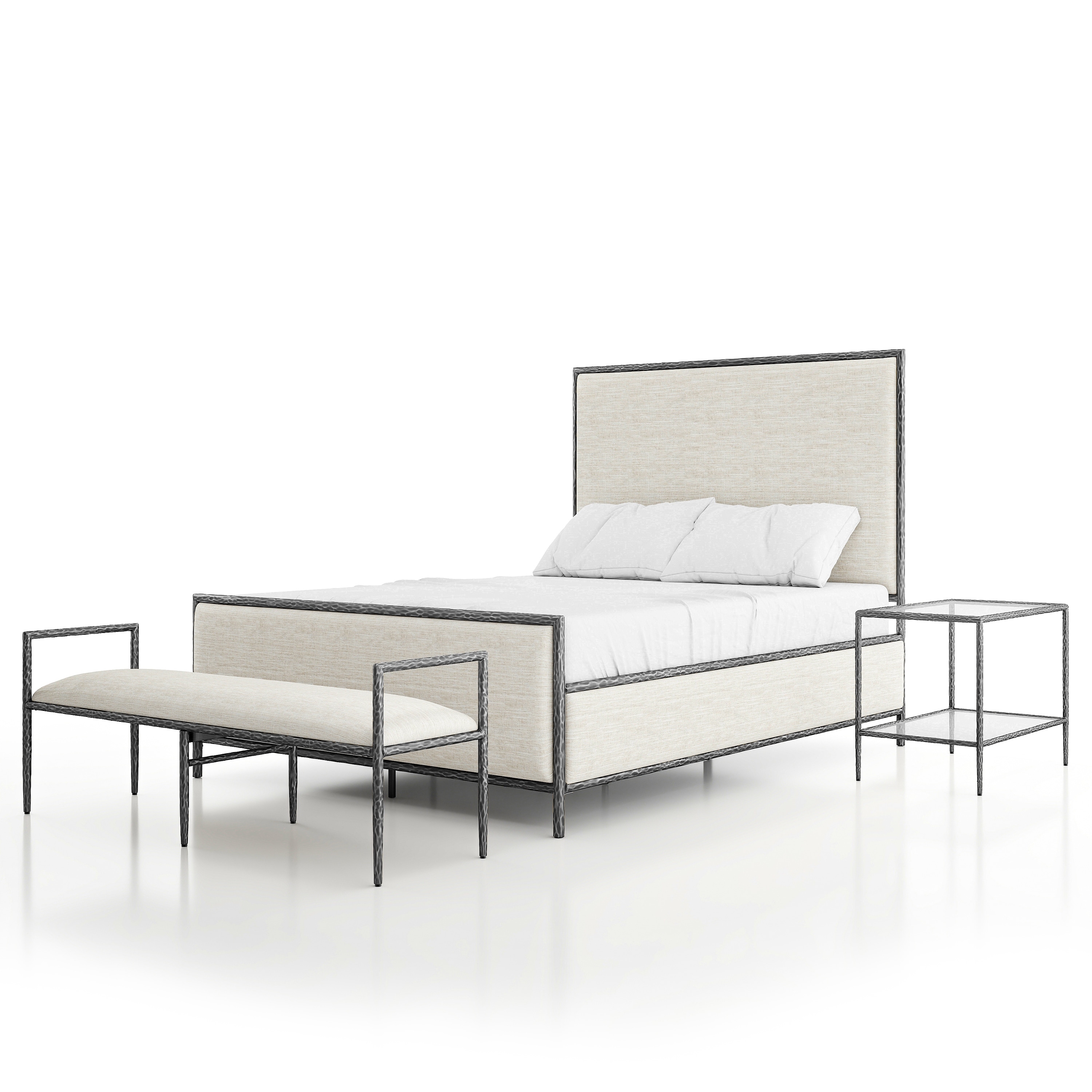 247 Shop At Home Lalia Modern 3-Piece Upholstered Hammered Metal Panel Bedroom Set with Nightstand and Bench