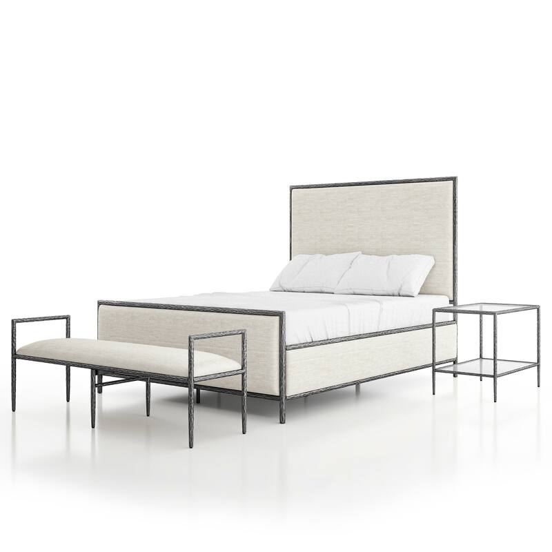 247 Shop At Home Lalia Modern 3-Piece Upholstered Hammered Metal Panel Bedroom Set with Nightstand and Bench - Matte Grey - Queen