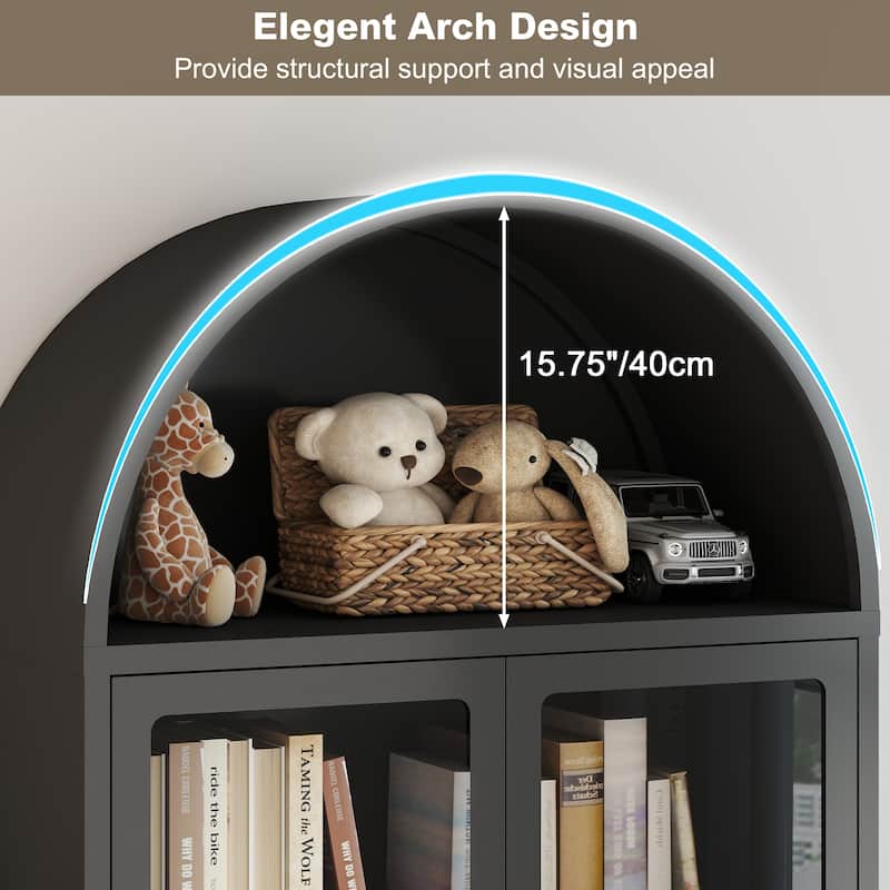 73.6-Inch Arched Metal Storage Display Cabinet with Glass Doors