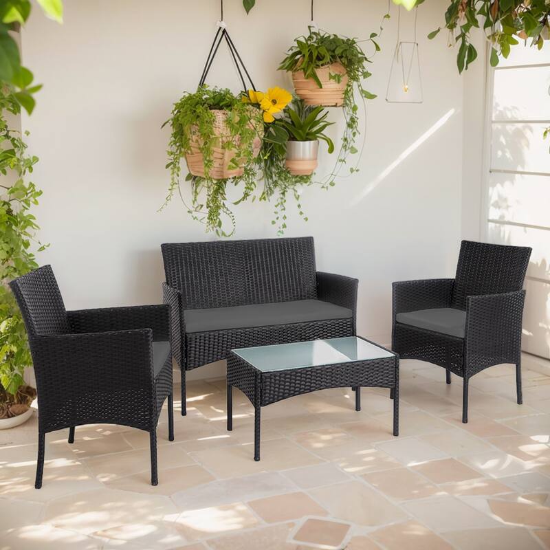 4 Piece Patio Conversation Wicker Furniture Set, Outdoor Rattan Sectional Furniture Set With Cushions