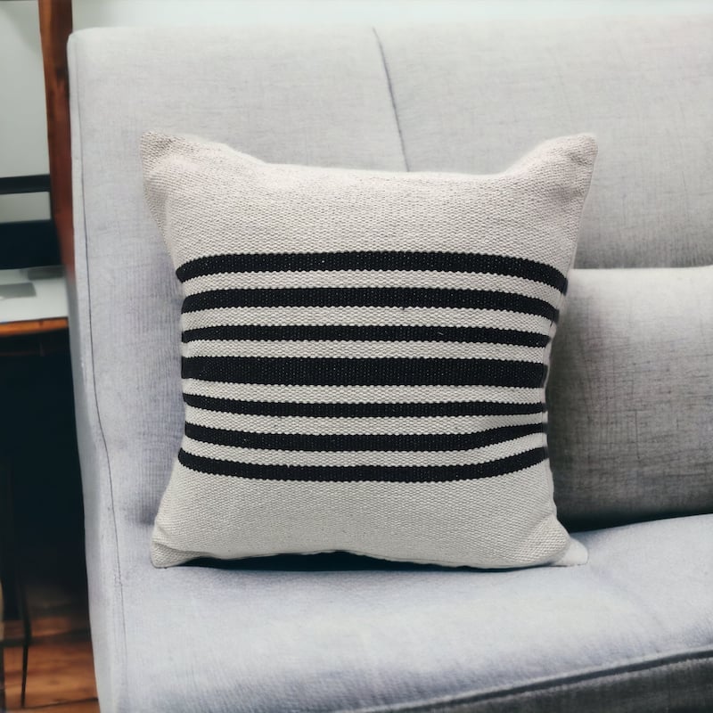 HomeRoots 22" X 22" Black and White Striped Cotton Zippered Pillow - Accent - Polyester