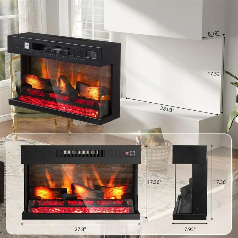 28/36 inch Electric Fireplace Insert 3 Sided View 20 Flame Color Heater