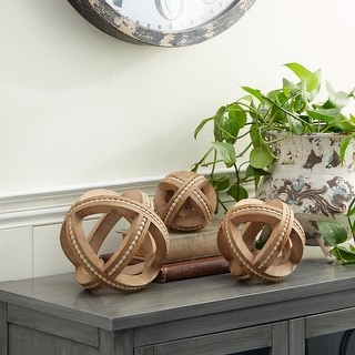 Light Brown Wood Handmade Beaded Geometric Decorative Sculpture (Set of 3)
