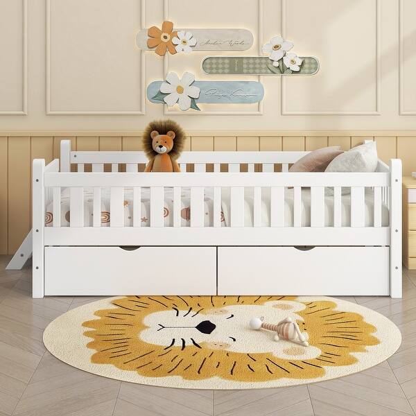 slide 2 of 30, Bedroom Wood Twin Size Platform Bed with Both Sides Guardrail and 2 Storage Drawers, Kids Bed Frame with Slats Support White