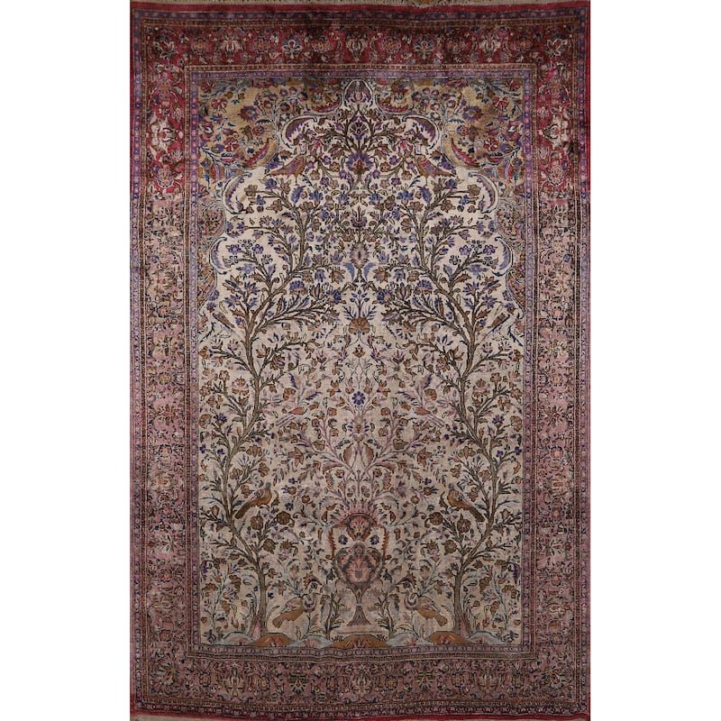 Hand Knotted Oriental Silk Carpet Traditional Floral Beige & Ivories Kashan Area Rug - 6' 10'' X 4' 4''