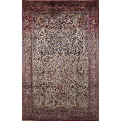 Hand Knotted Oriental Silk Carpet Traditional Floral Beige & Ivories Kashan Area Rug - 6' 10'' X 4' 4''
