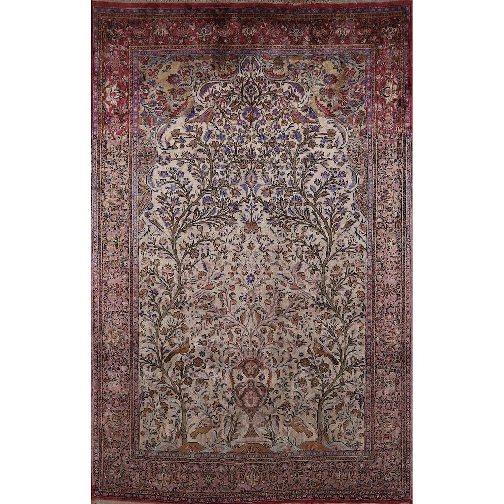 Hand Knotted Oriental Silk Carpet Traditional Floral Beige & Ivories Kashan Area Rug - 6' 10'' X 4' 4''