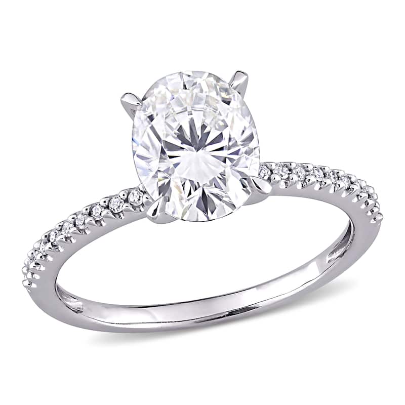 Miadora 2ct DEW Oval-cut Moissanite and 1/10ct TDW Diamond Engagement Ring in 14k White Gold