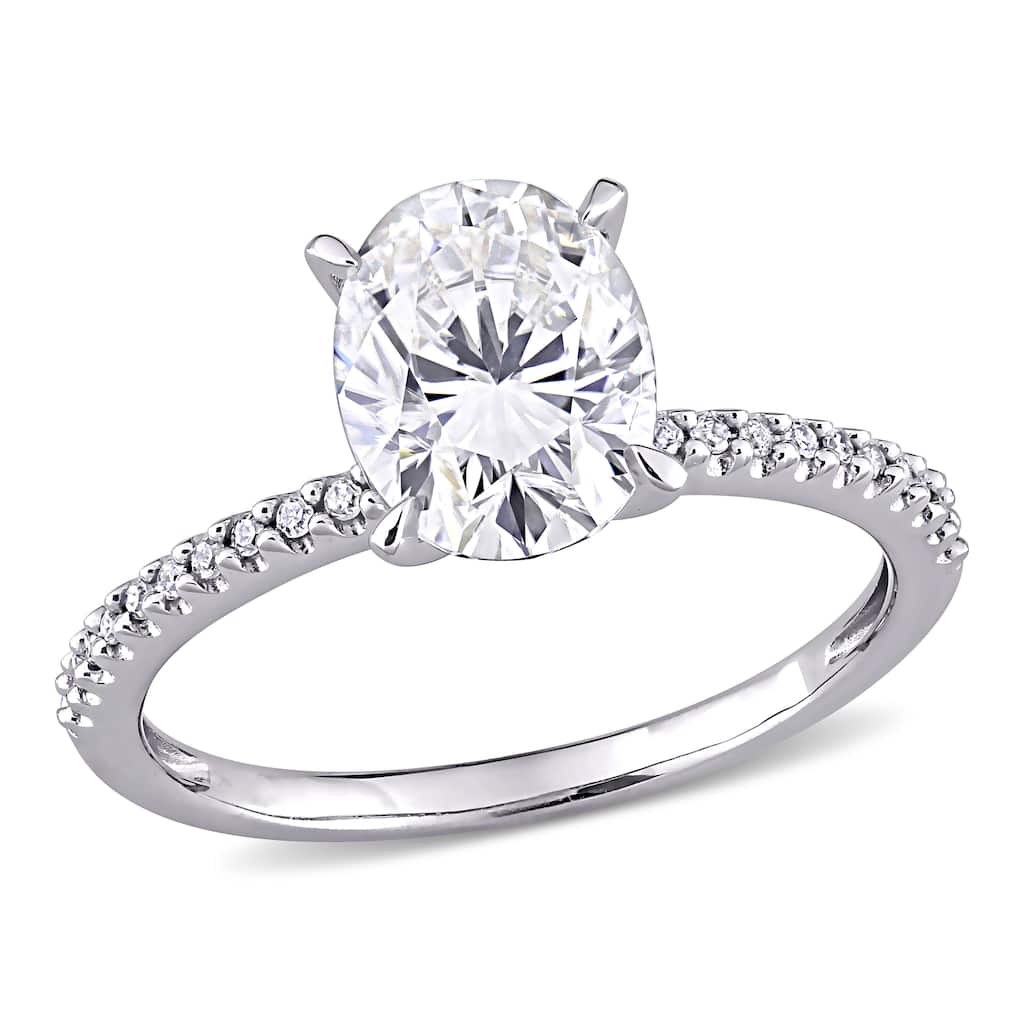 Miadora 2ct DEW Oval-cut Moissanite and 1/10ct TDW Diamond Engagement Ring in 14k White Gold