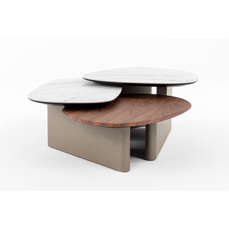 Cid Rob Coffee Table, Walnut Brown Wood, Gray Ceramic, 63 Inch