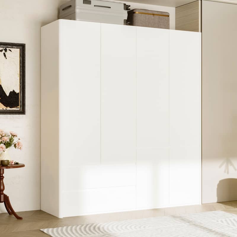 126"x70.9" Modern White Wardrobe with Hanging Rod & Two Drawers - Curved Side Design - White