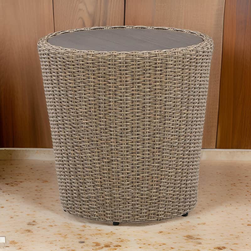 22 Inch Outdoor End Table, Round Shape, Handwoven Resin Wicker, Beige Brown