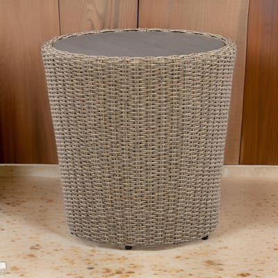 22 Inch Outdoor End Table, Round Shape, Handwoven Resin Wicker, Beige Brown
