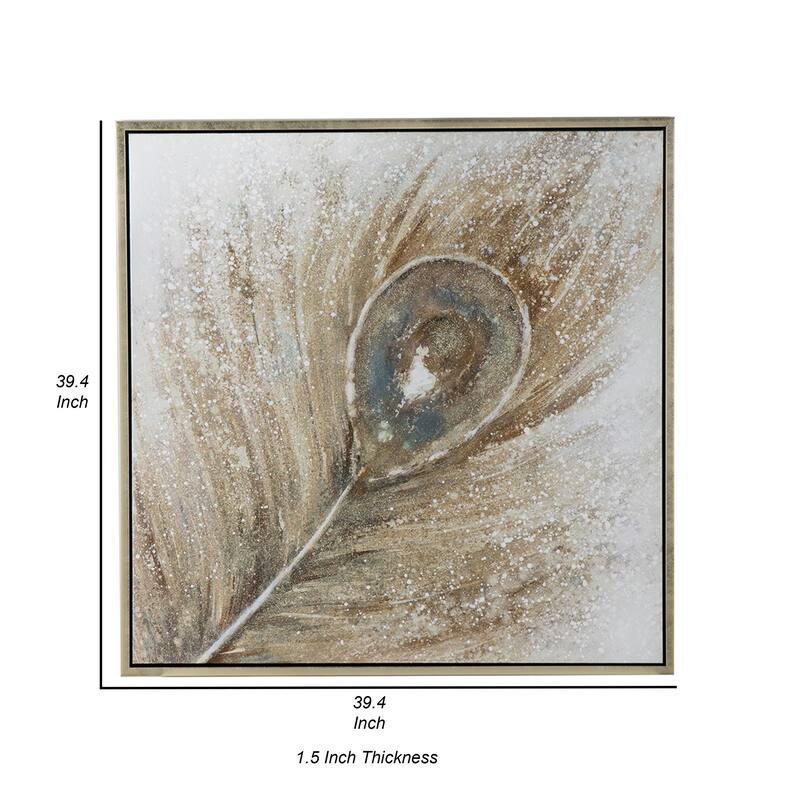 39 x 39 Handpainted Wall Art, Peacock Feather Painting, Blue and Gold