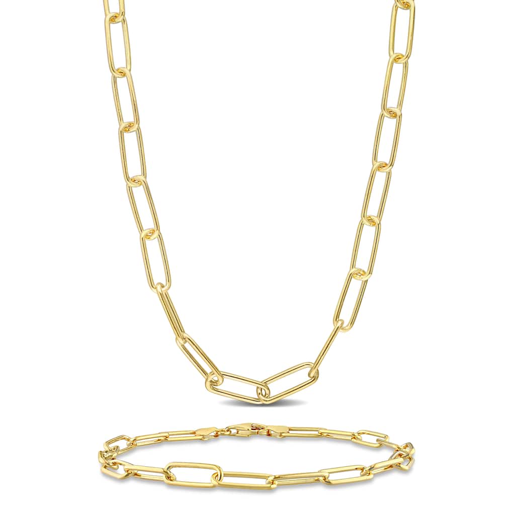 Miadora 5mm Polished Paperclip Chain Necklace and Anklet Yellow Plated Sterling Silver-18 + 9 in